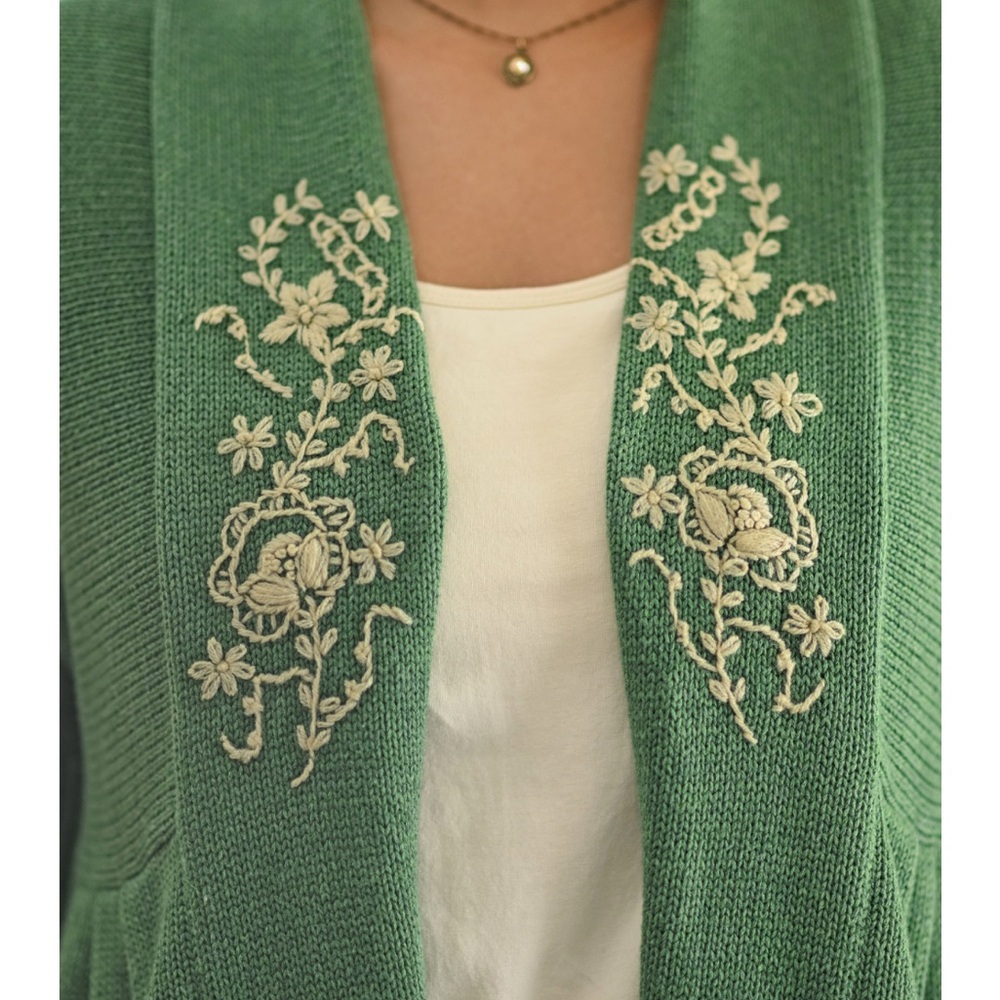 April Cornell Green Cardigan with Cream Embroidery